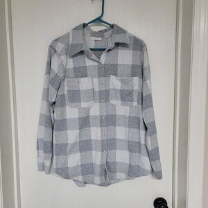 Womens grey and white plaid full button down shirt